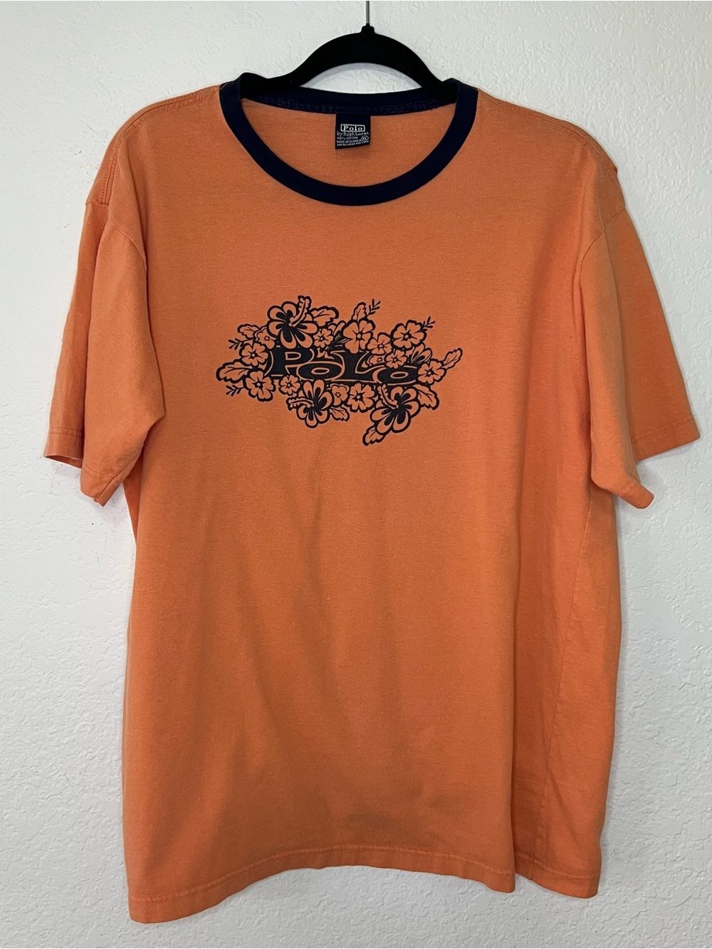 Vintage Polo By Ralph Lauren Orange Navy Floral Tropical T Shirt Men’s Size XL